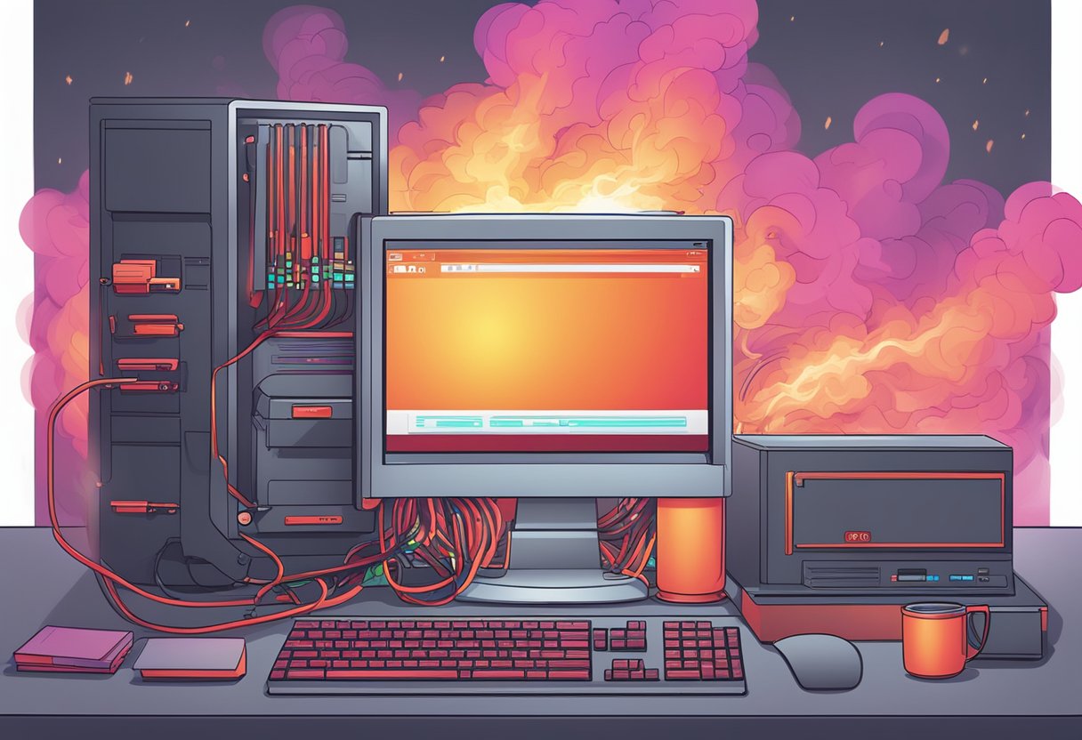 A computer with red-hot CPU emitting smoke, surrounded by error messages and a slowing down performance