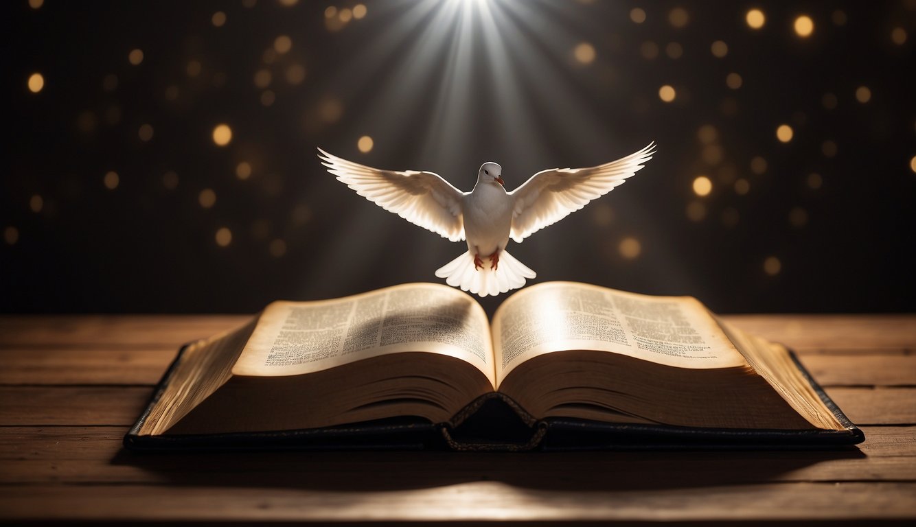 A Bible open on a wooden table, surrounded by a halo of light, with a cross and a dove symbolizing the Holy Spirit hovering above it