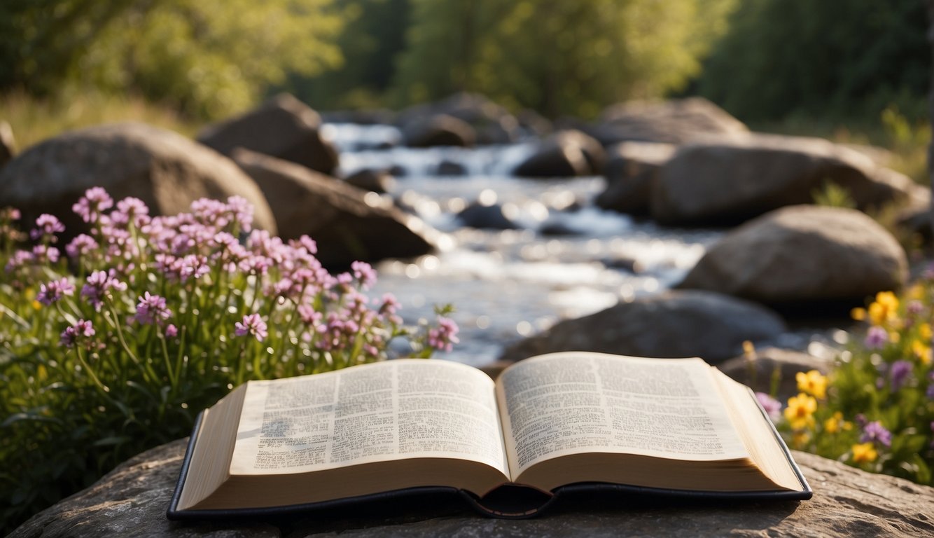 A serene landscape with an open Bible resting on a rock, surrounded by vibrant flowers and a gentle stream flowing nearby