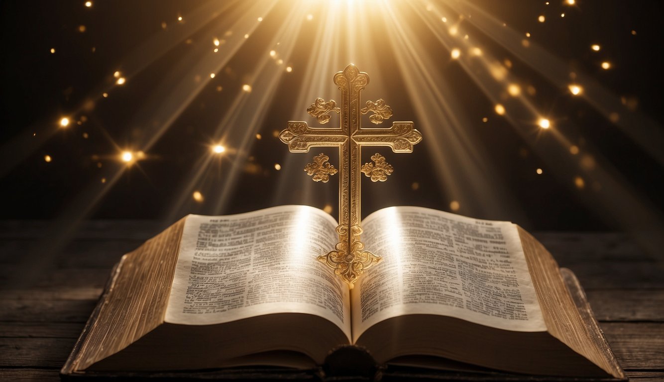 A glowing, open Bible surrounded by symbols of key themes: a cross, a dove, a crown, and a lamb. Rays of light shine from the pages, illuminating the surrounding symbols