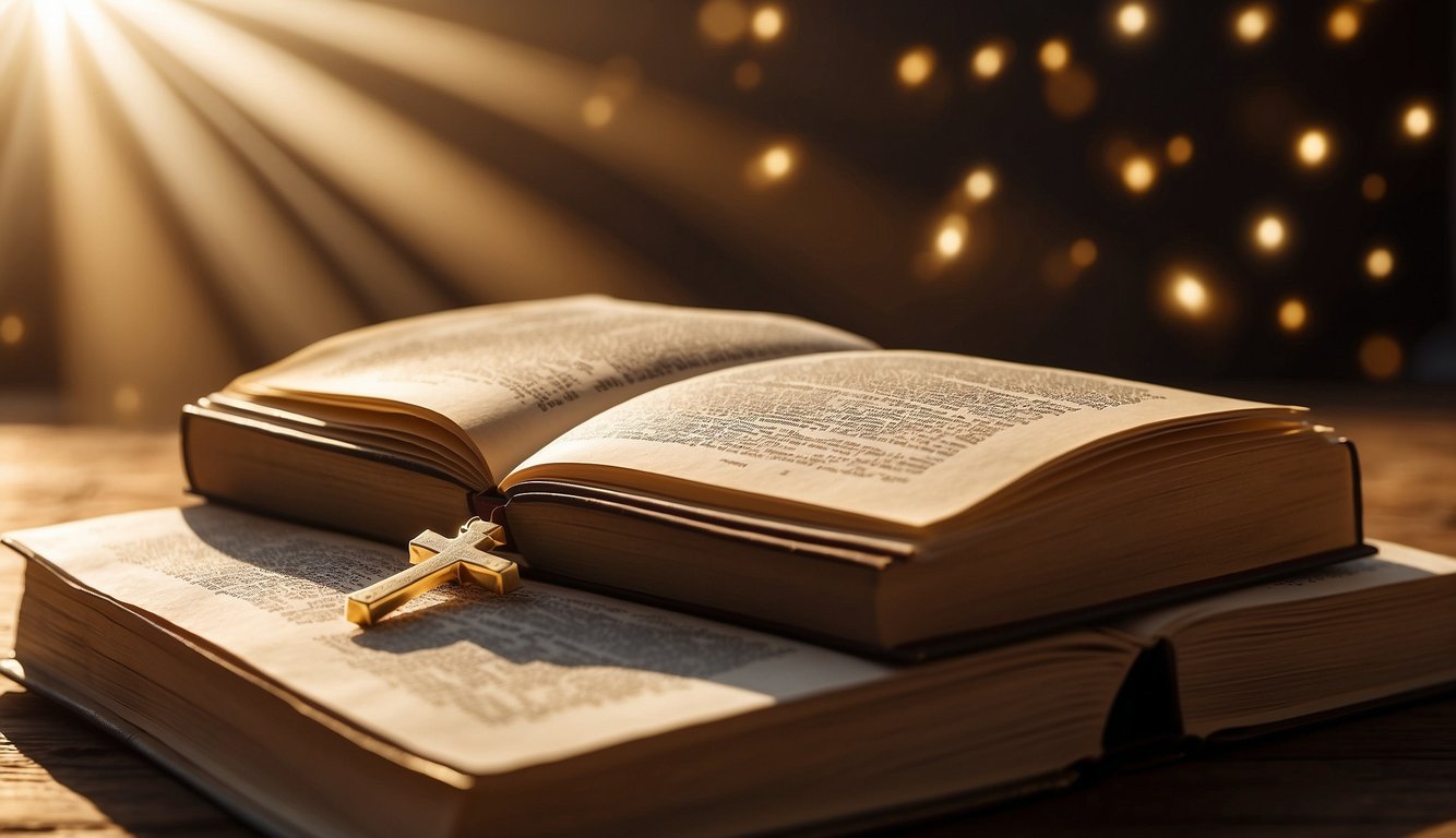 A large open book with a golden cross embossed on the cover, surrounded by rays of light and a heavenly glow