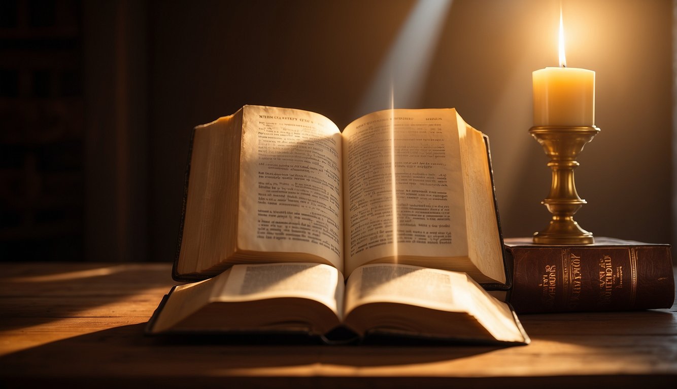 A glowing Bible rests on a wooden altar, surrounded by a soft golden light. Rays of light emanate from its pages, illuminating the space around it