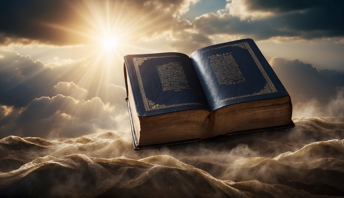 A Bible surrounded by swirling debate and obstacles, with rays of truth breaking through the clouds of uncertainty