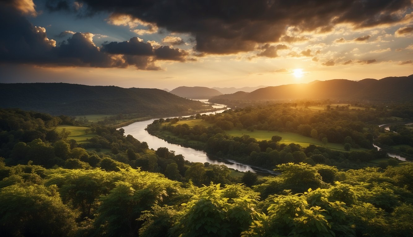A glowing, golden sunrise breaks through dark storm clouds, illuminating a peaceful landscape with lush greenery and flowing rivers, symbolizing the future and hope in biblical prophecy