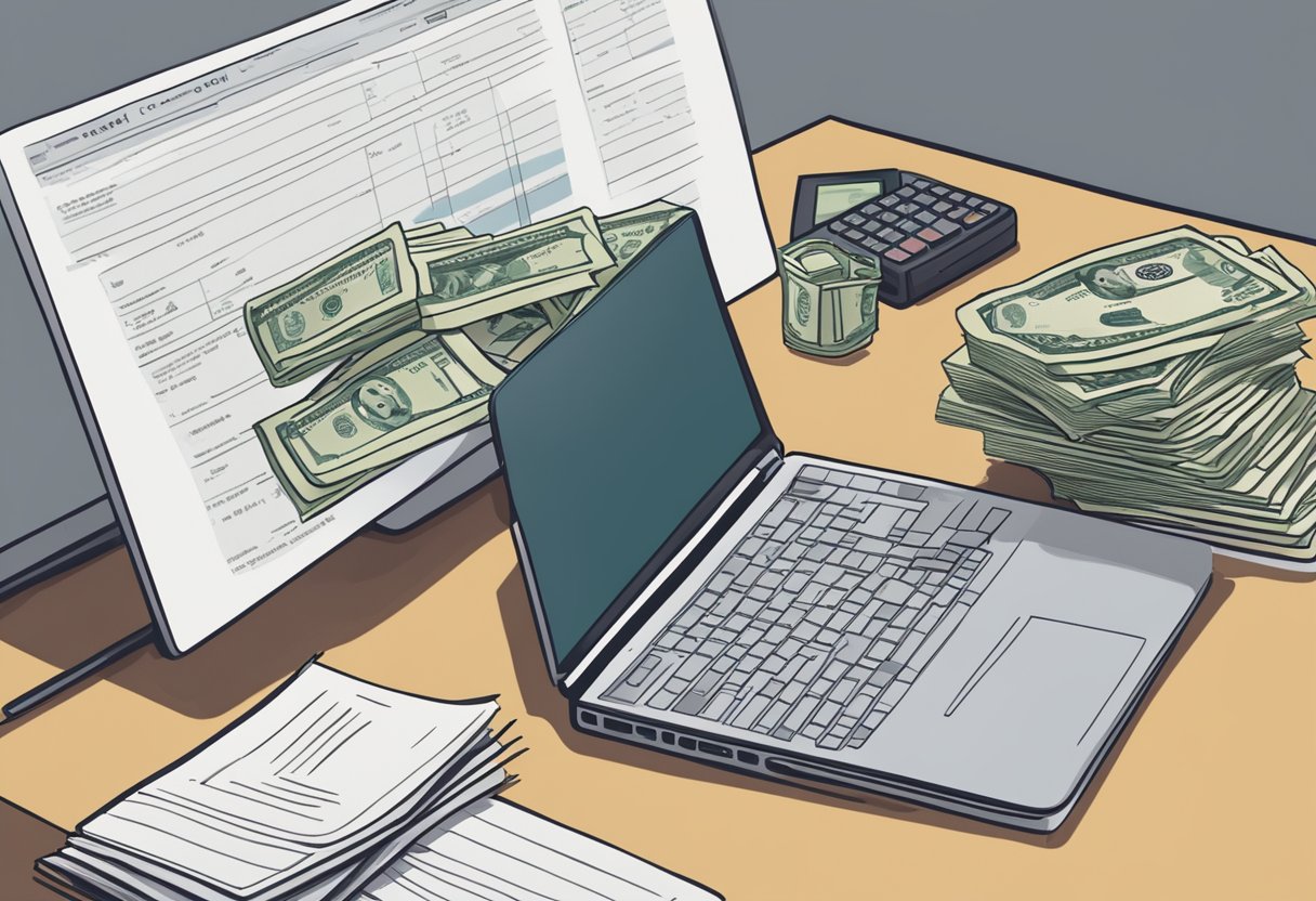 A stack of cash and financial documents on a desk, with a laptop open to a financial website showing "Dave Portnoy Net Worth."