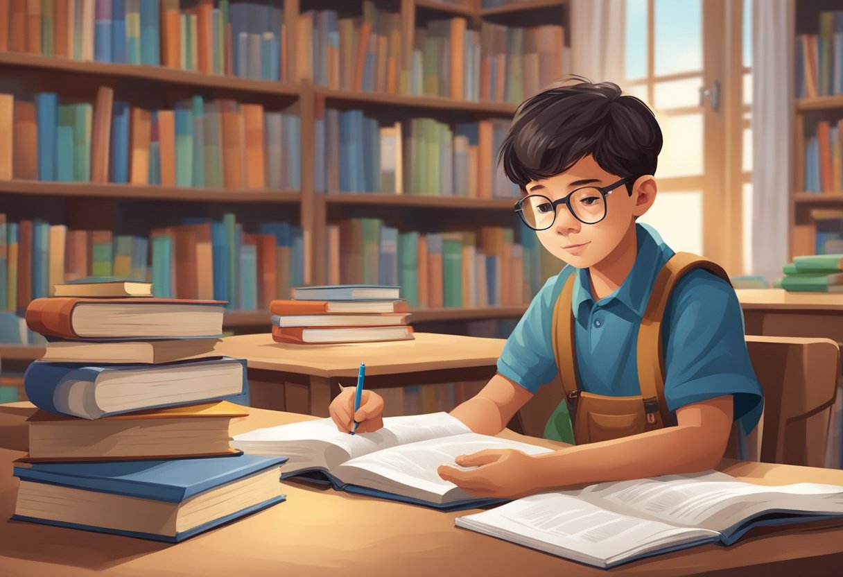 A young boy eagerly absorbs knowledge in a classroom, surrounded by books and educational materials