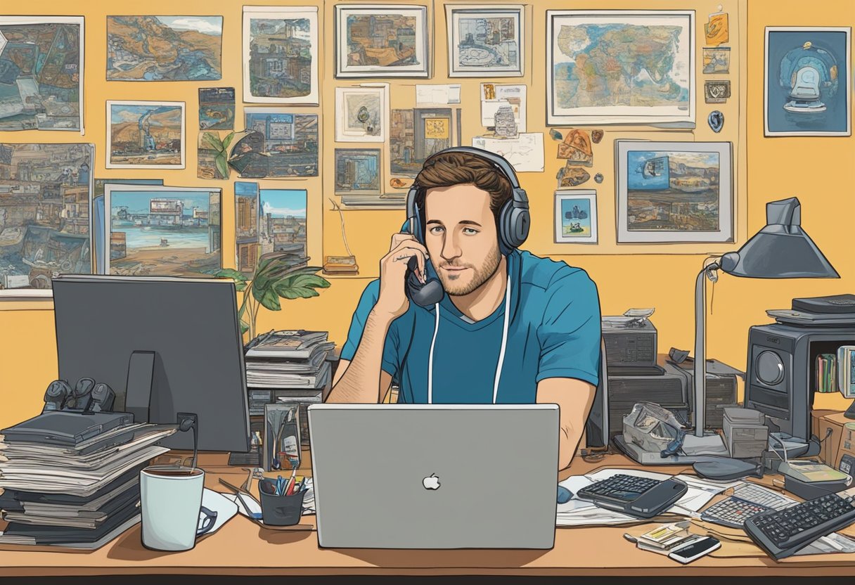 Dave Portnoy's career beginnings: a young man sitting at a cluttered desk, surrounded by computer screens and sports memorabilia, passionately discussing business ideas on the phone