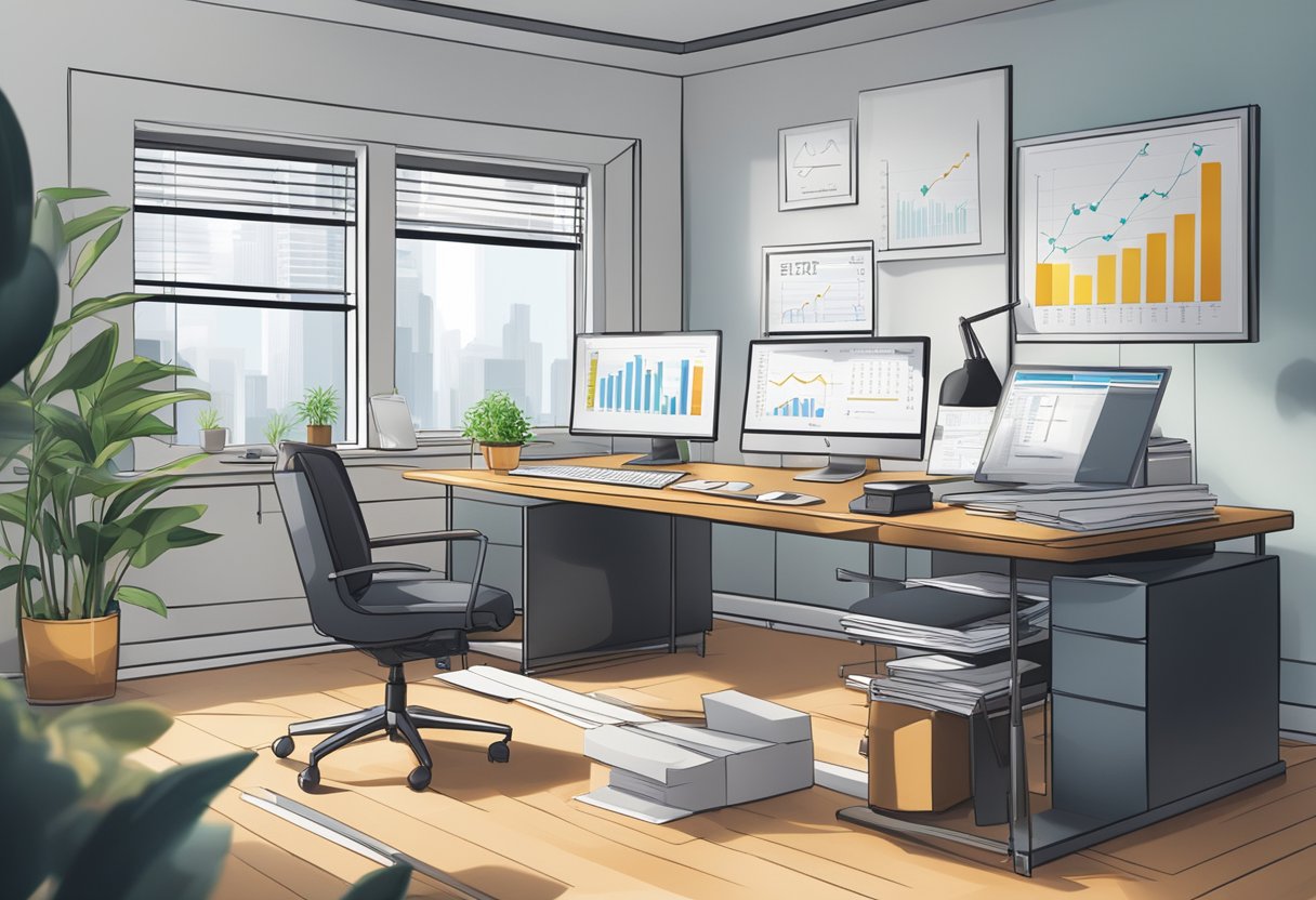 A modern office with financial charts and graphs on the walls, a sleek desk with a computer, and a stack of papers labeled "Investments and Valuations."