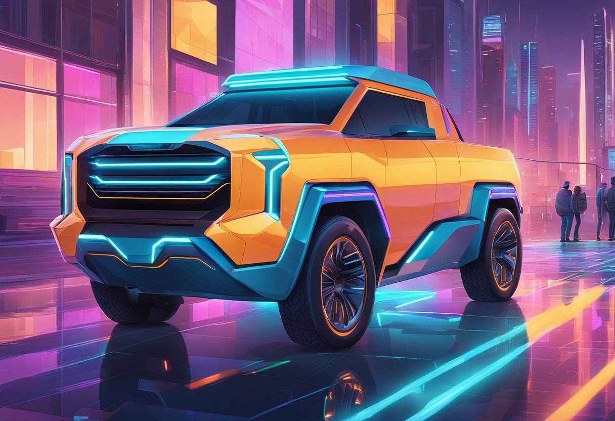 A cyber truck parked in a futuristic cityscape, with neon lights reflecting off its sleek, angular design
