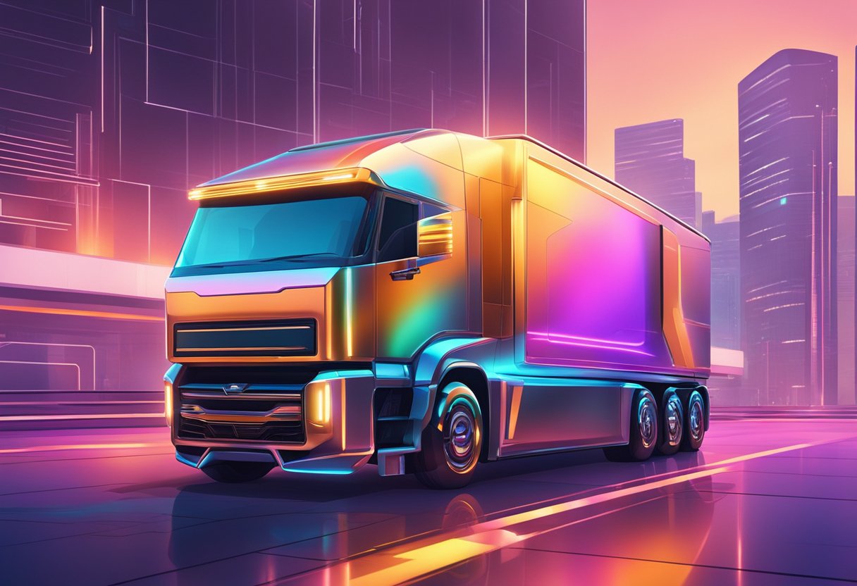 A sleek cyber truck parked in a futuristic setting with bright lights and metallic surfaces