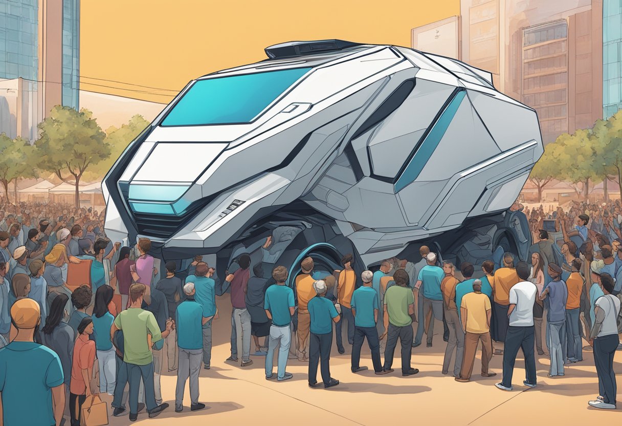 Crowds gather around the futuristic cyber truck at a public event hosted by Joe Rogan. Signs and banners fill the air as people engage in lively discussions and demonstrations