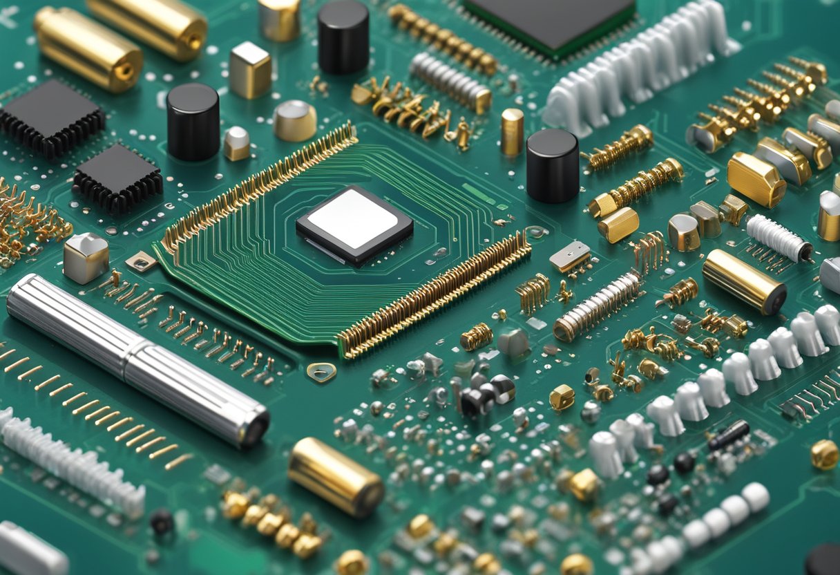 Motherboard screws arranged in a grid pattern with various sizes and shapes, surrounded by electronic components and circuitry