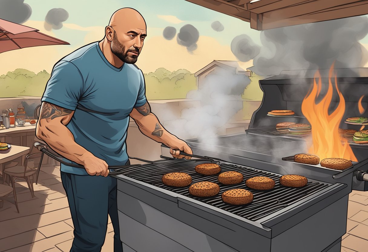 Joe Rogan grilling hamburgers on a sizzling hot grill. Smoke rising, burgers sizzling, and the aroma of charred meat filling the air