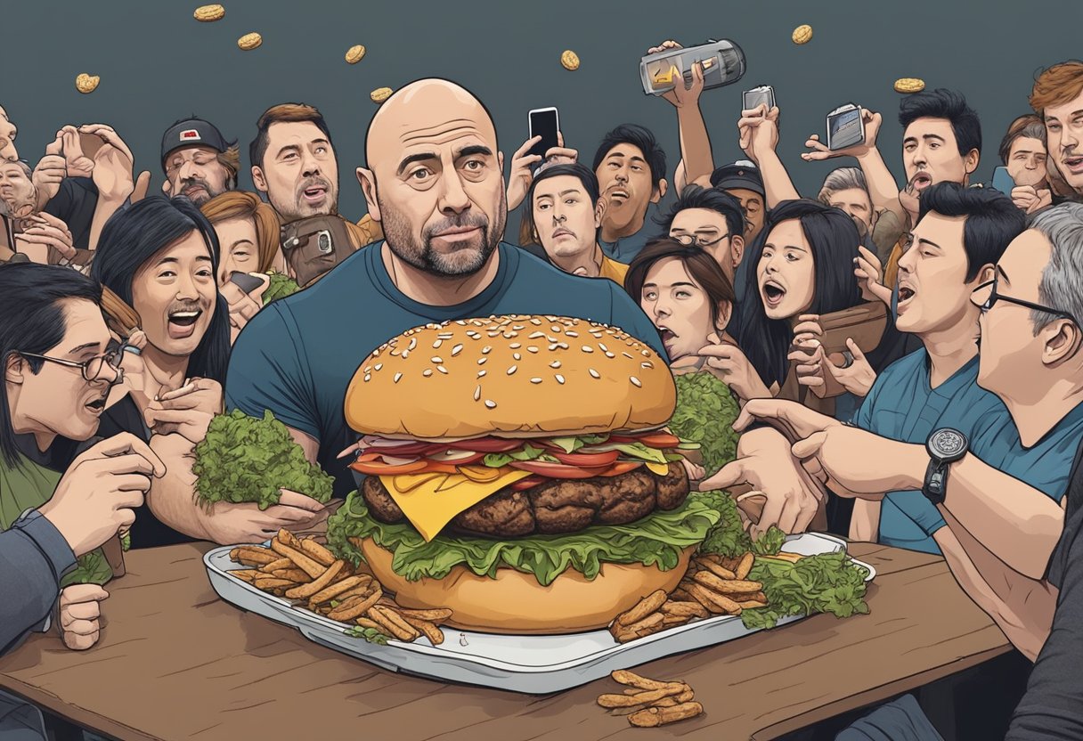 Joe Rogan eats a massive hamburger, surrounded by fans and media, symbolizing the cultural impact of his podcast and love for meat