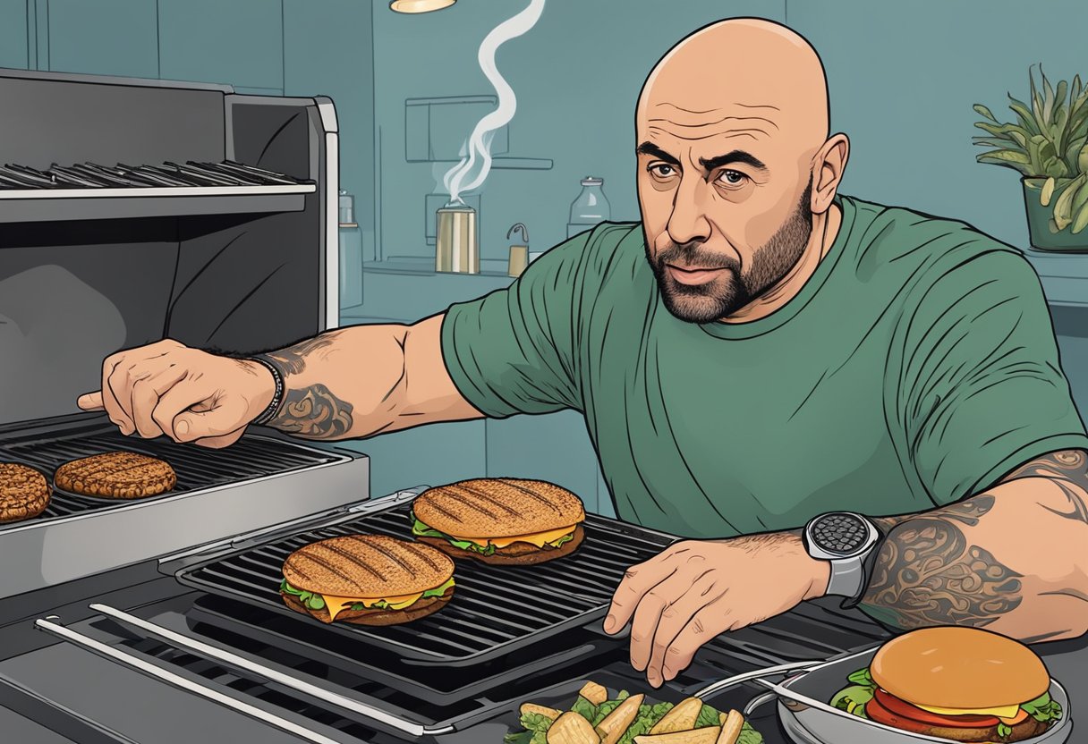 Joe Rogan passionately discusses controversial topics while grilling hamburgers
