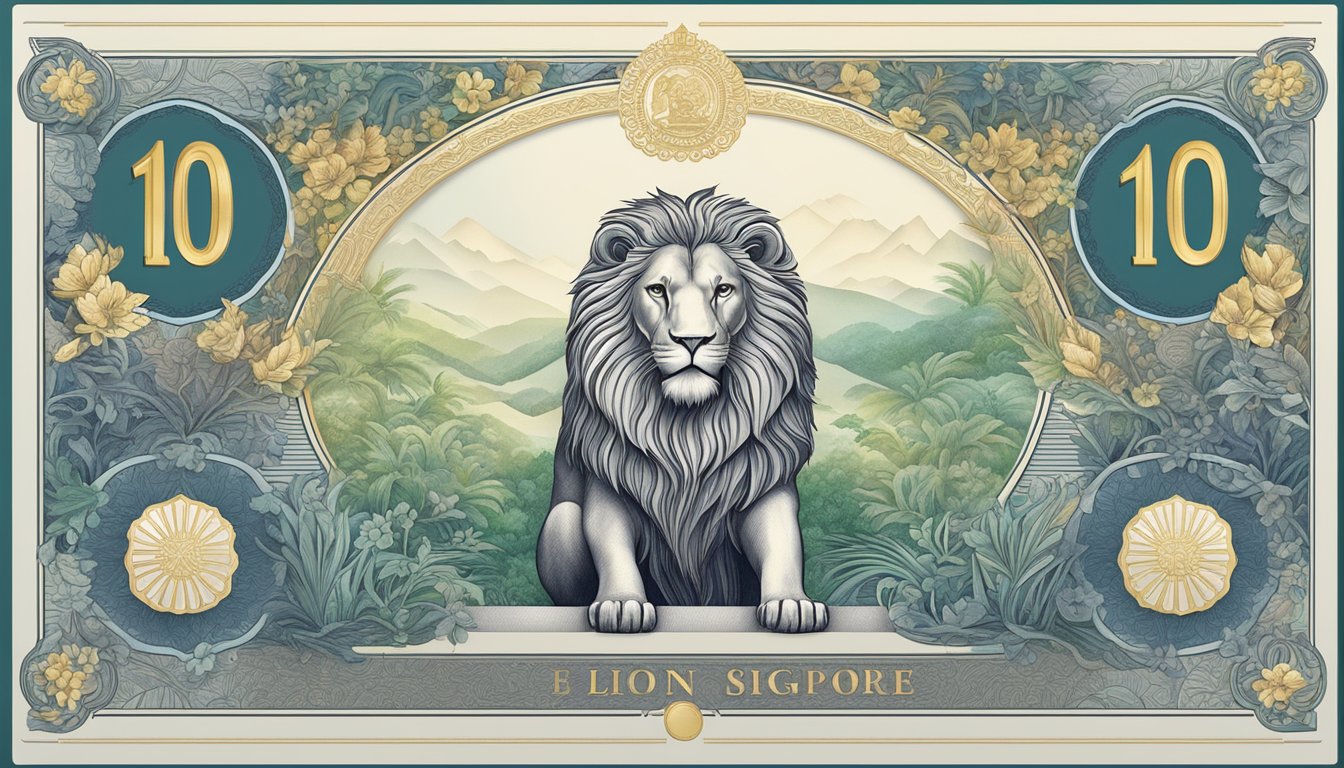 A crisp, unfolded 10000 SGD note from Singapore, featuring intricate designs and the national symbol, the lion head