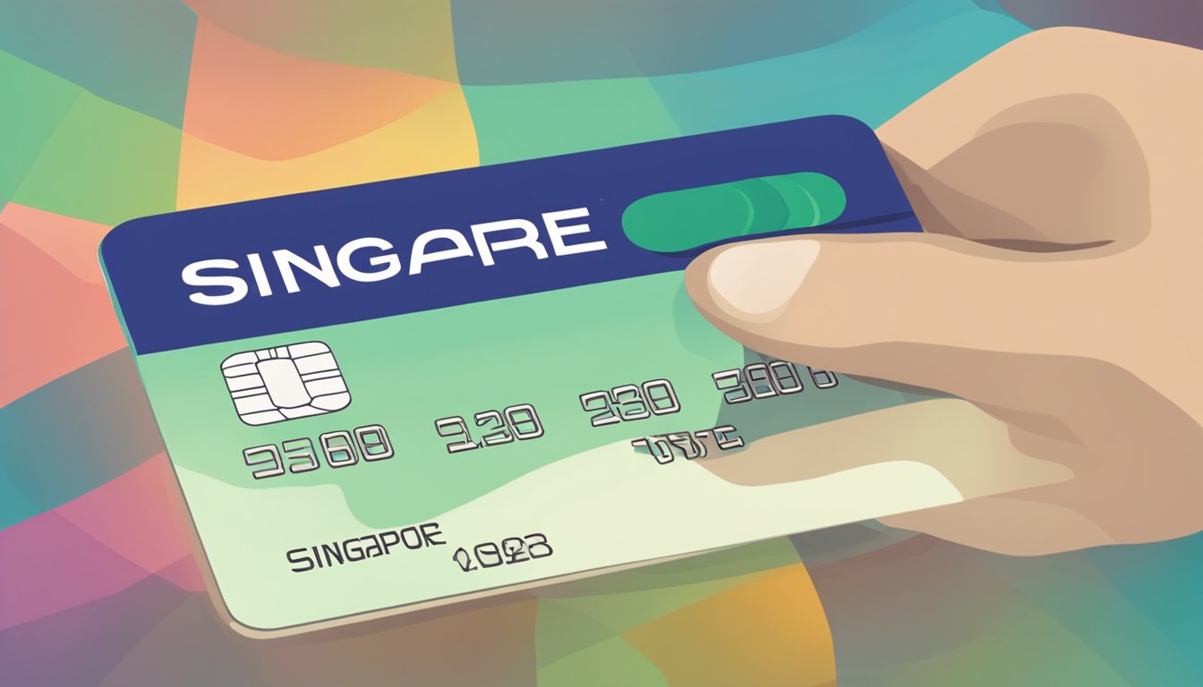 A hand holding a credit card with "Singapore" written on it. The card shows a balance of 120,000 dollars