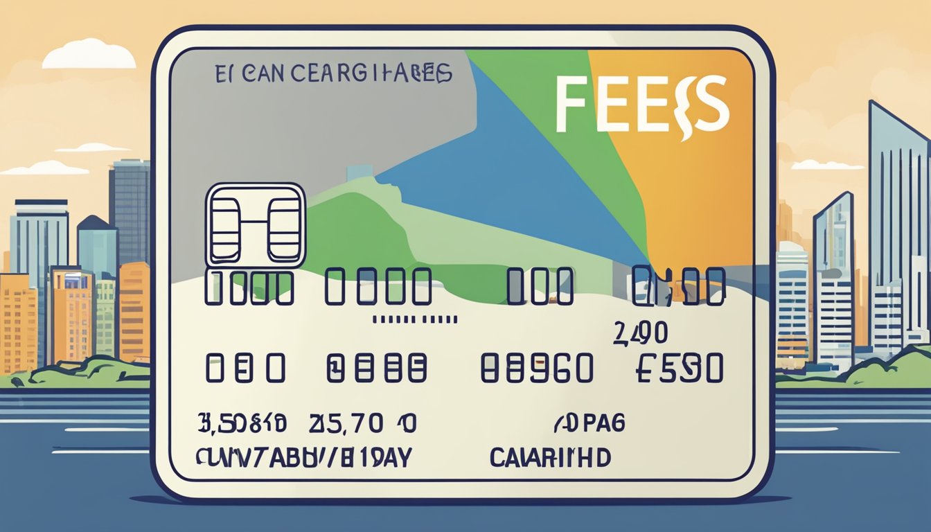 A credit card with "Understanding Fees and Charges" displayed, set against a Singaporean backdrop