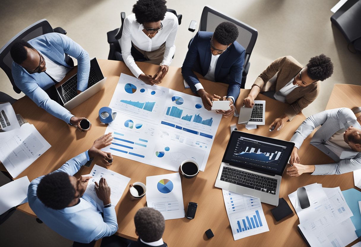 A group of diverse professionals collaborating in a modern office setting, surrounded by charts, graphs, and brainstorming materials