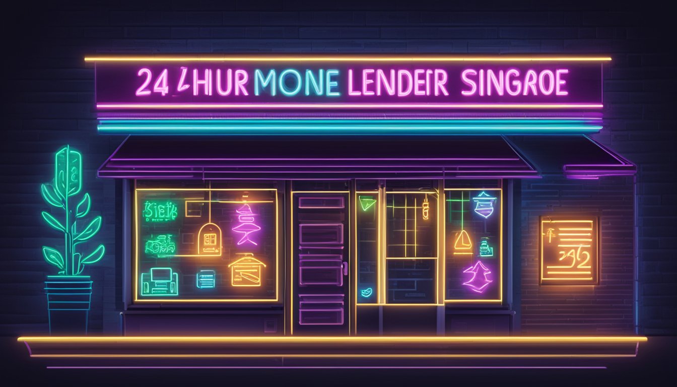 A storefront sign reads "24 hours money lender singapore" with a bright neon glow against a dark city backdrop