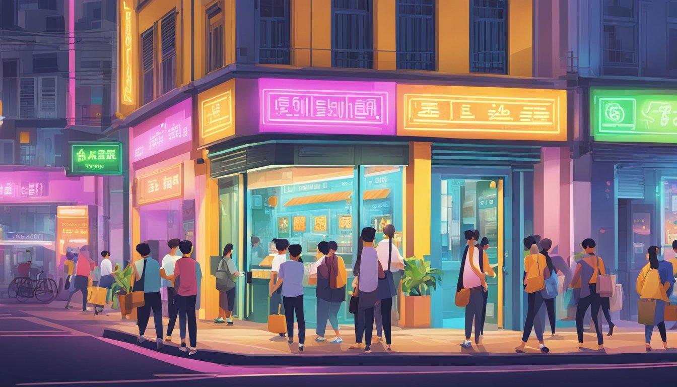 A bustling city street with neon signs advertising 24-hour money lending services. People are seen entering and exiting the brightly lit storefronts, showcasing the accessibility and availability of these services in Singapore