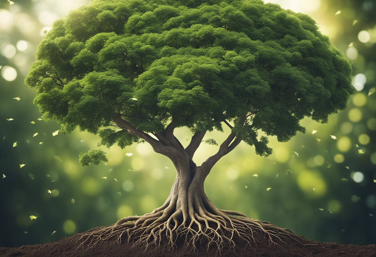 A tree with deep roots symbolizing talent development and growth, surrounded by arrows pointing upwards representing strategic talent management for business growth