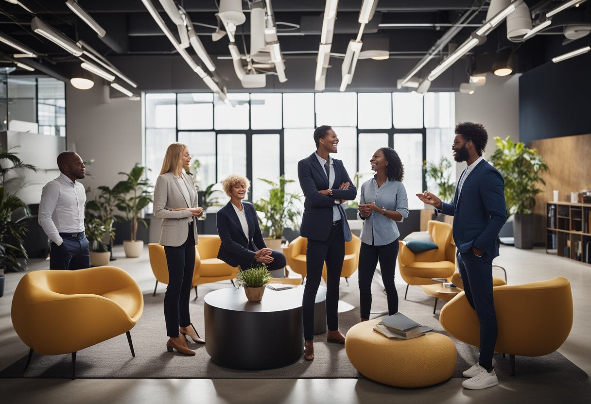 A diverse group of employees collaborating in a modern office setting, surrounded by vibrant and engaging company culture symbols