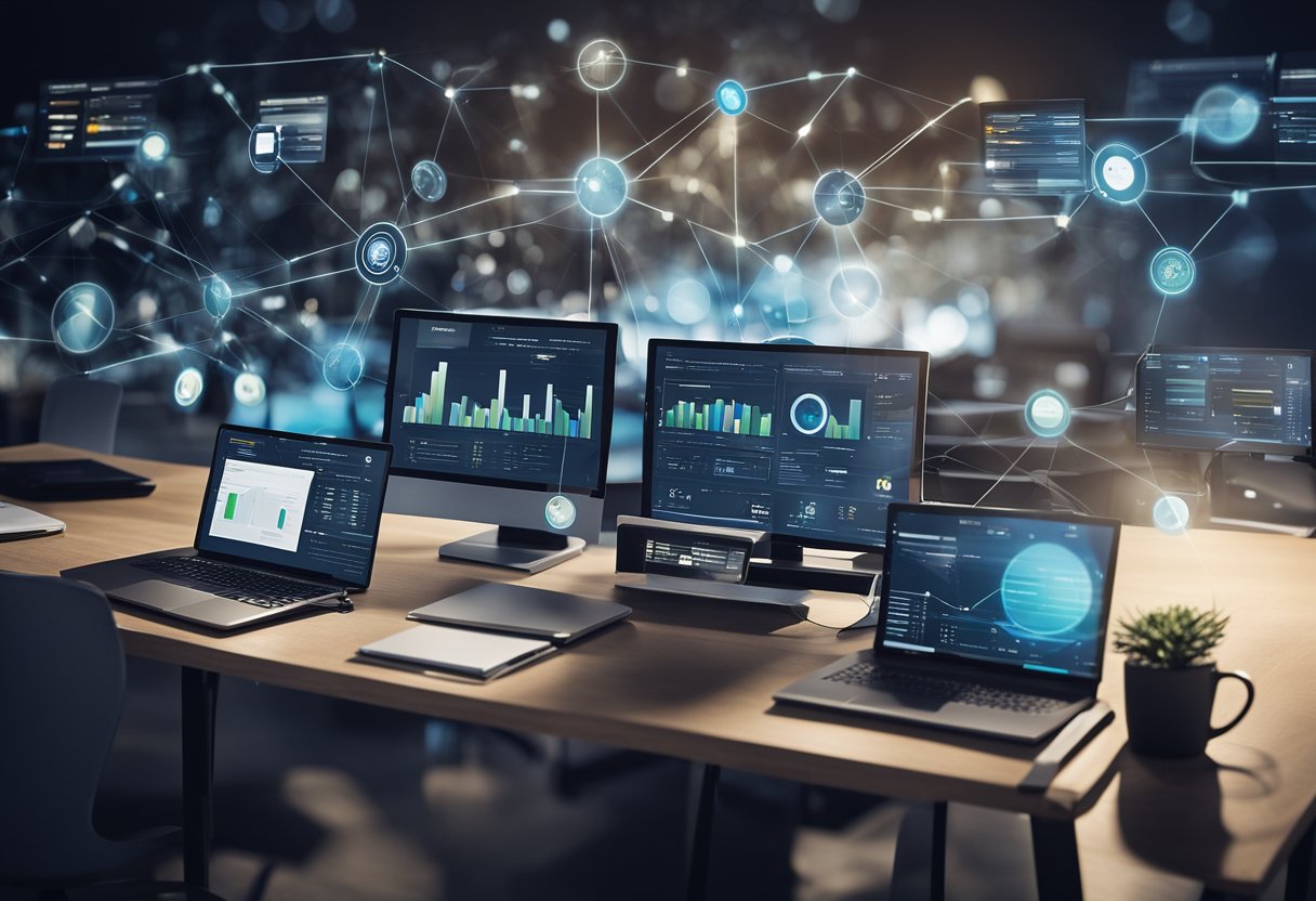 A group of interconnected devices and systems, including computers, tablets, and smartphones, are being utilized to streamline talent management processes and drive business growth