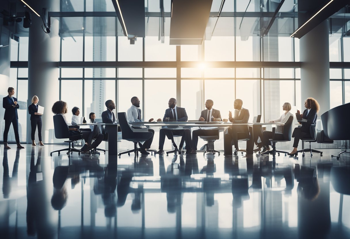 A diverse group of professionals engage in strategic discussions, surrounded by global business symbols and challenges