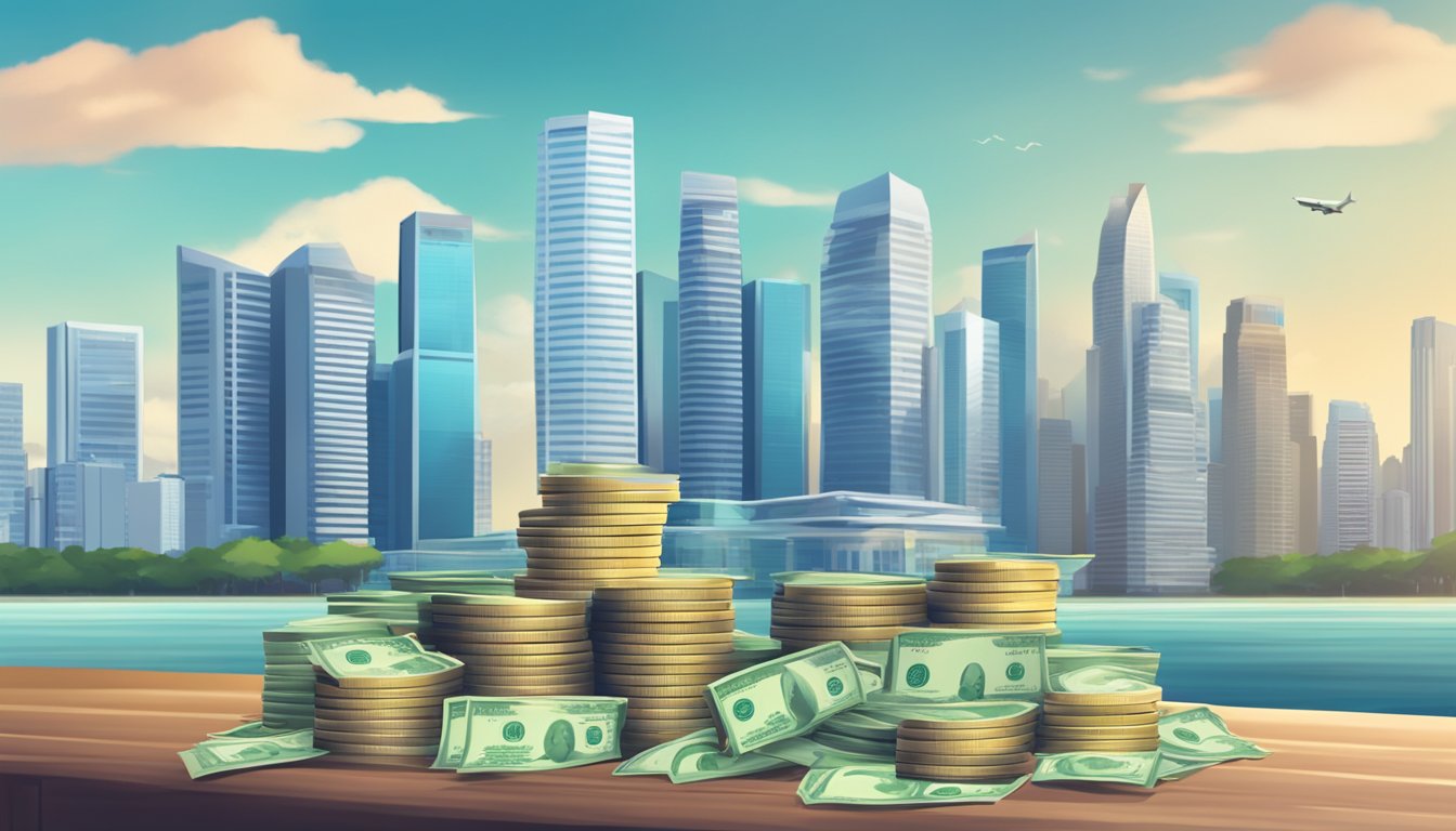 A stack of money grows taller as interest accumulates in a 360 account, with the Singapore skyline in the background