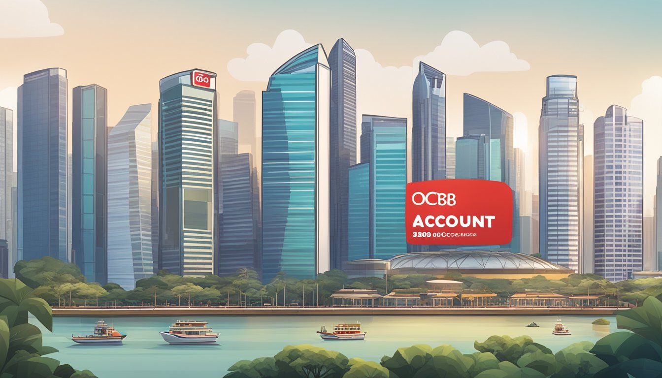The OCBC 360 Account logo is displayed prominently with the words "360 OCBC Interest" in bold font against a backdrop of the Singapore skyline