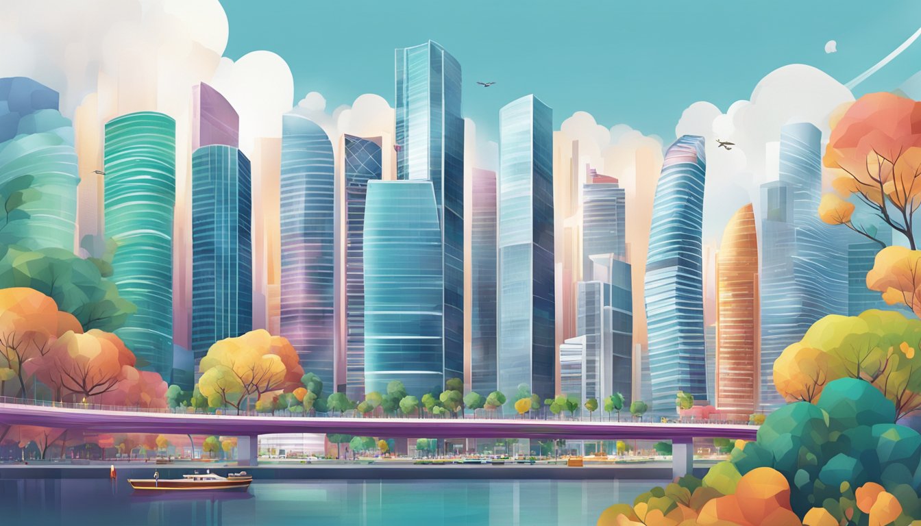 A vibrant cityscape with OCBC 360 towering over competitors, showcasing its high interest rates in Singapore