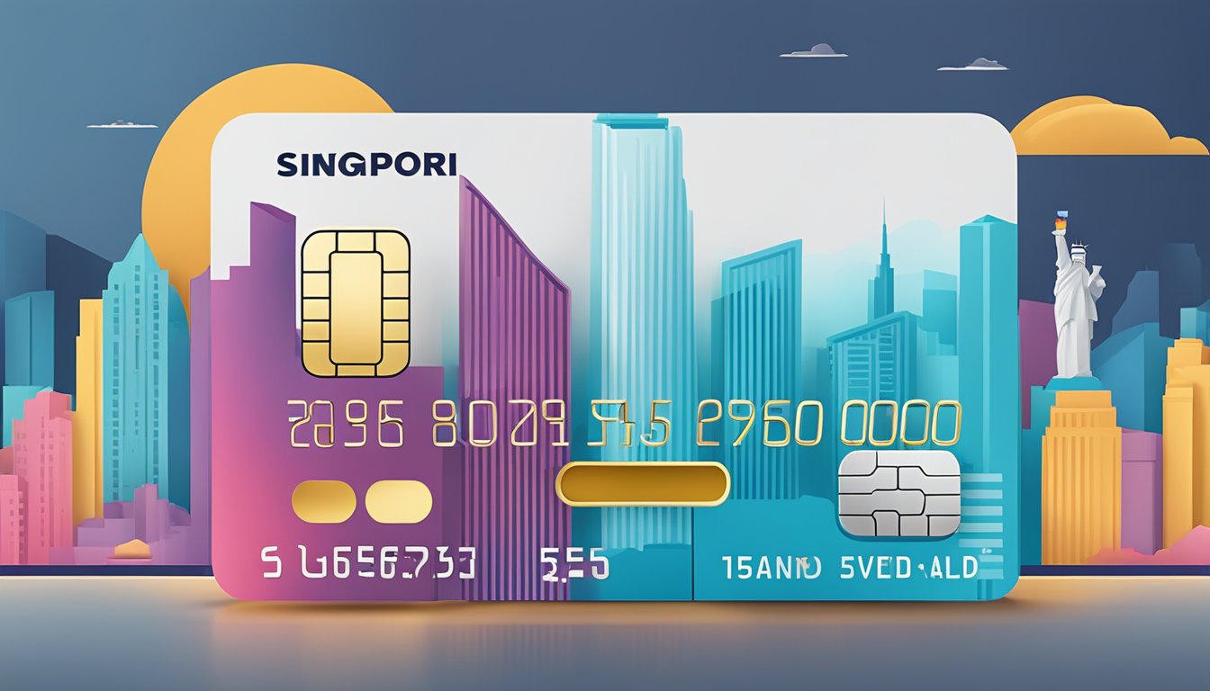 A credit card surrounded by 360 reward points, with a Singaporean skyline in the background