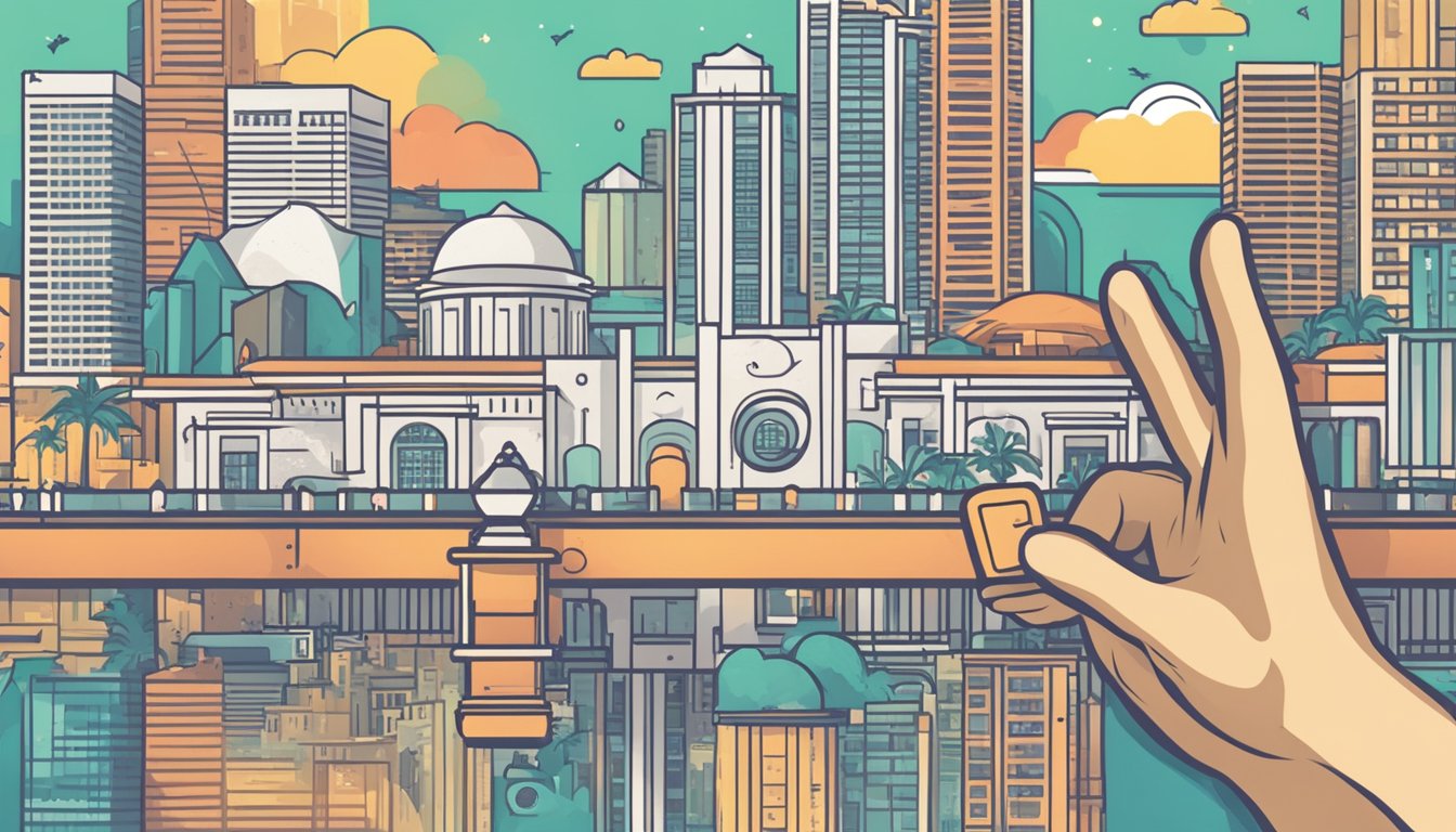 A hand reaching for a 360 save bonus icon in a Singapore-themed background