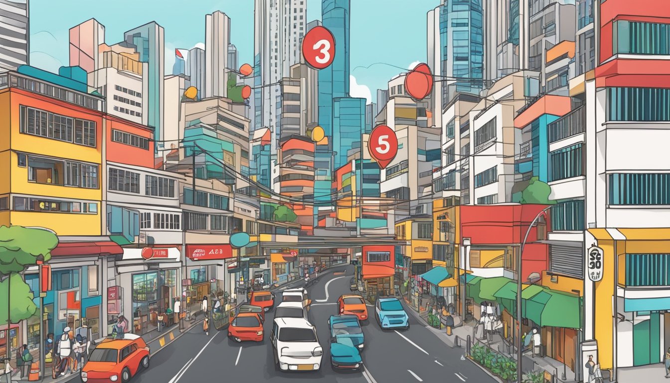 A busy street in Singapore with colorful buildings and a red "365 card" sign