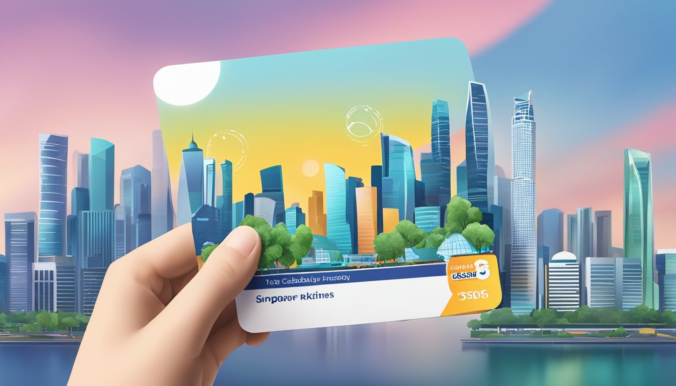 A hand holding a Cashback Benefits 365 card with the Singapore skyline in the background