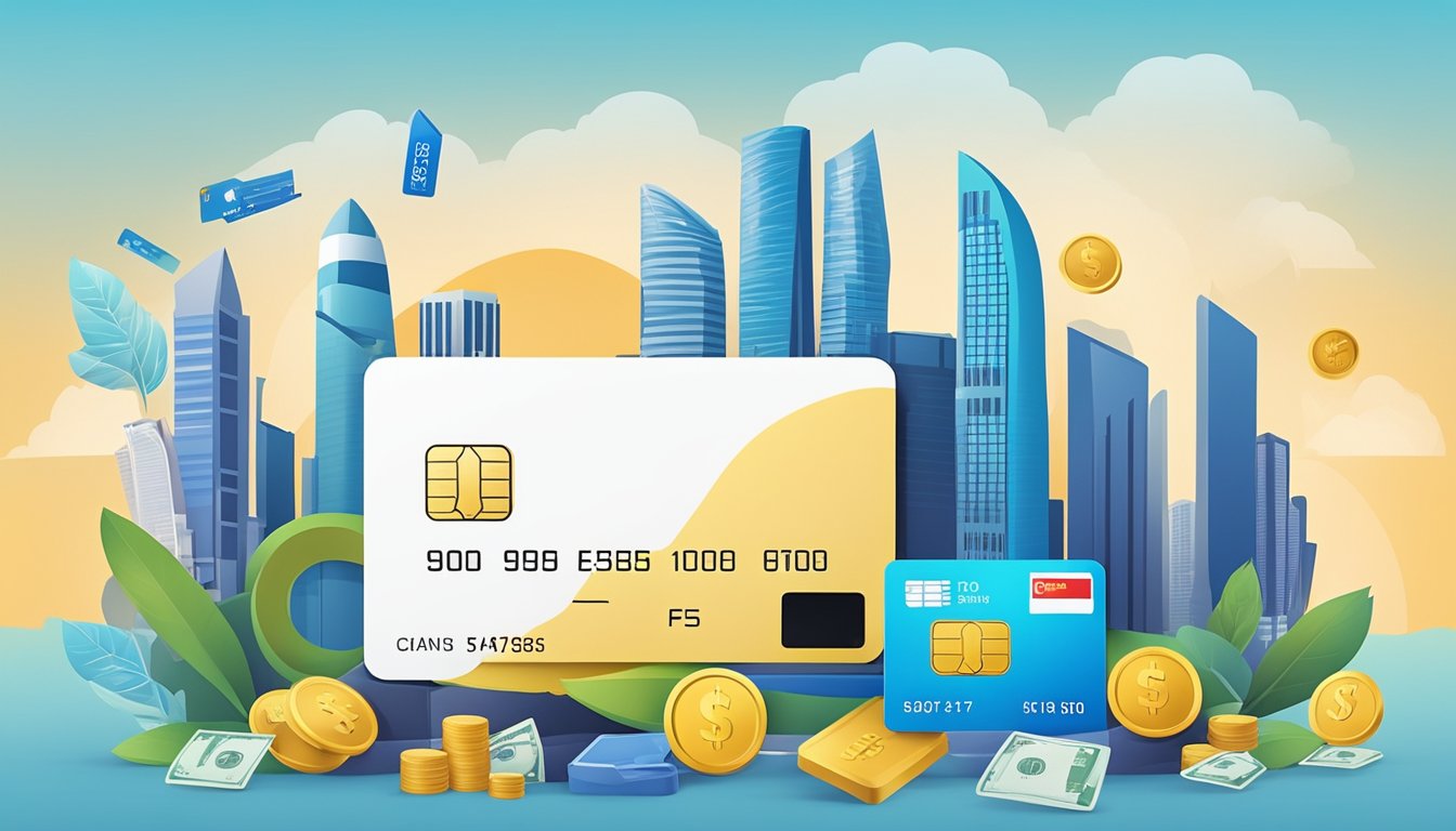 A credit card surrounded by various fees and charges icons, set against the backdrop of the Singapore skyline