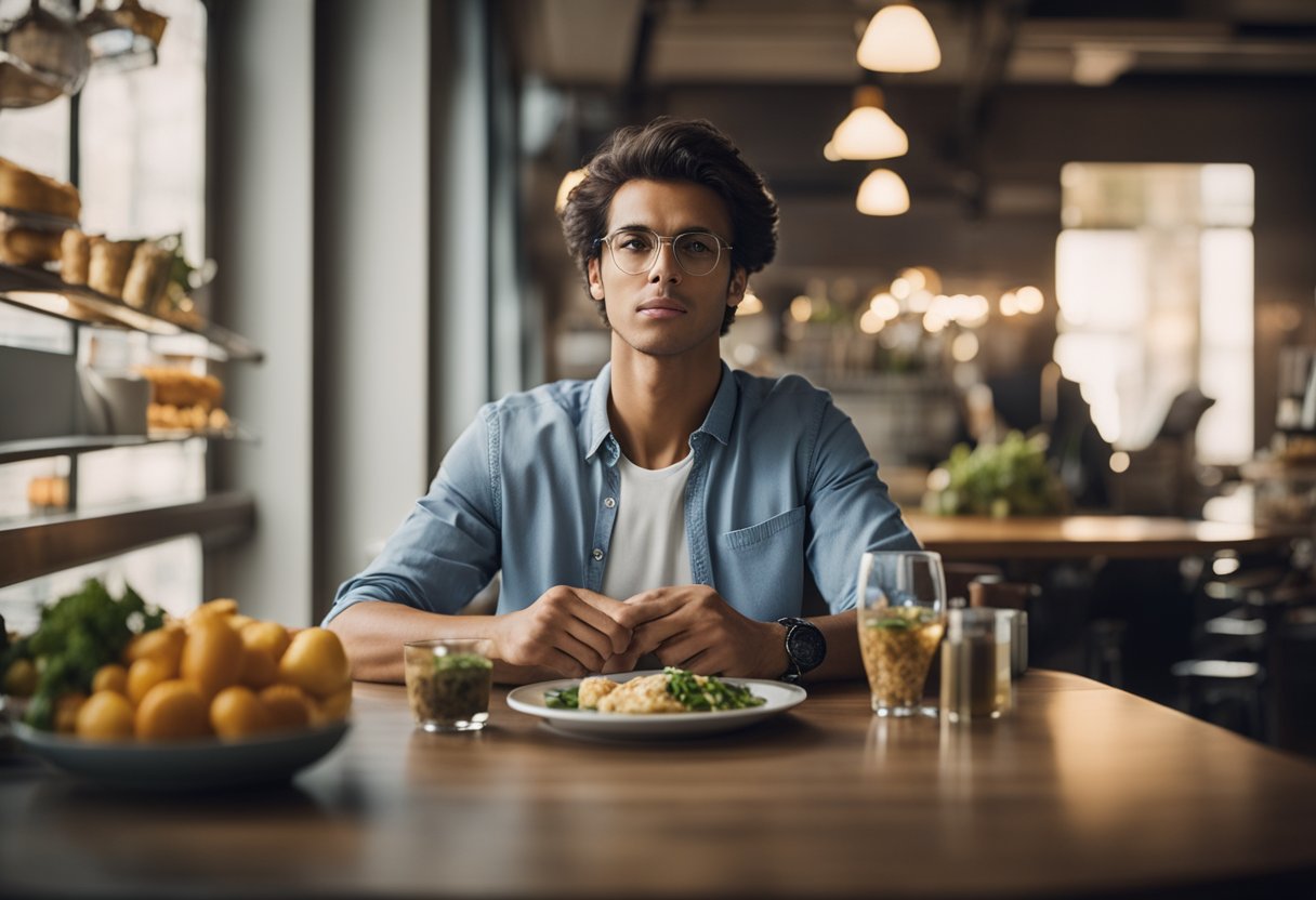 Mental hunger vs physical hunger: A person sitting at a table with an empty plate, staring into the distance with a thoughtful expression, surrounded by images of food and a scale