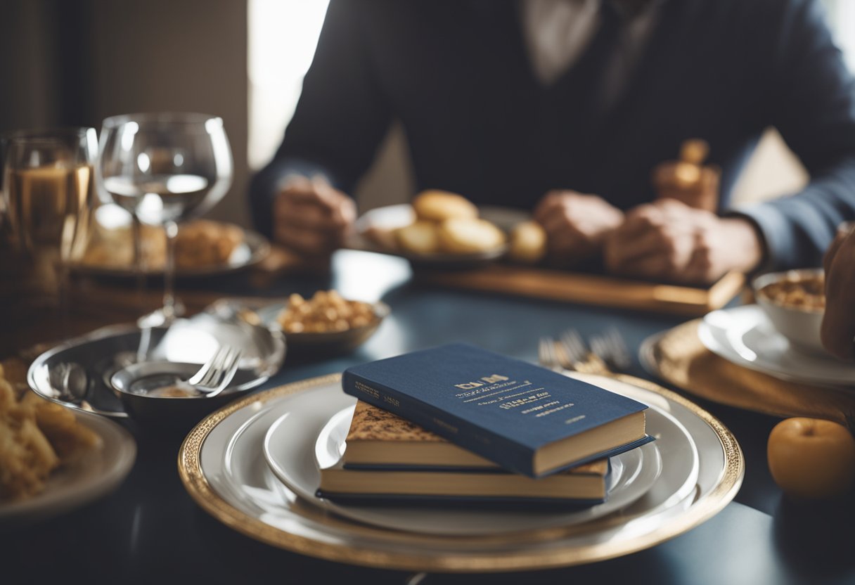 Mental hunger vs physical hunger: A person sitting at a table, with a thoughtful expression, holding a book about hunger types. A plate of food sits untouched in front of them