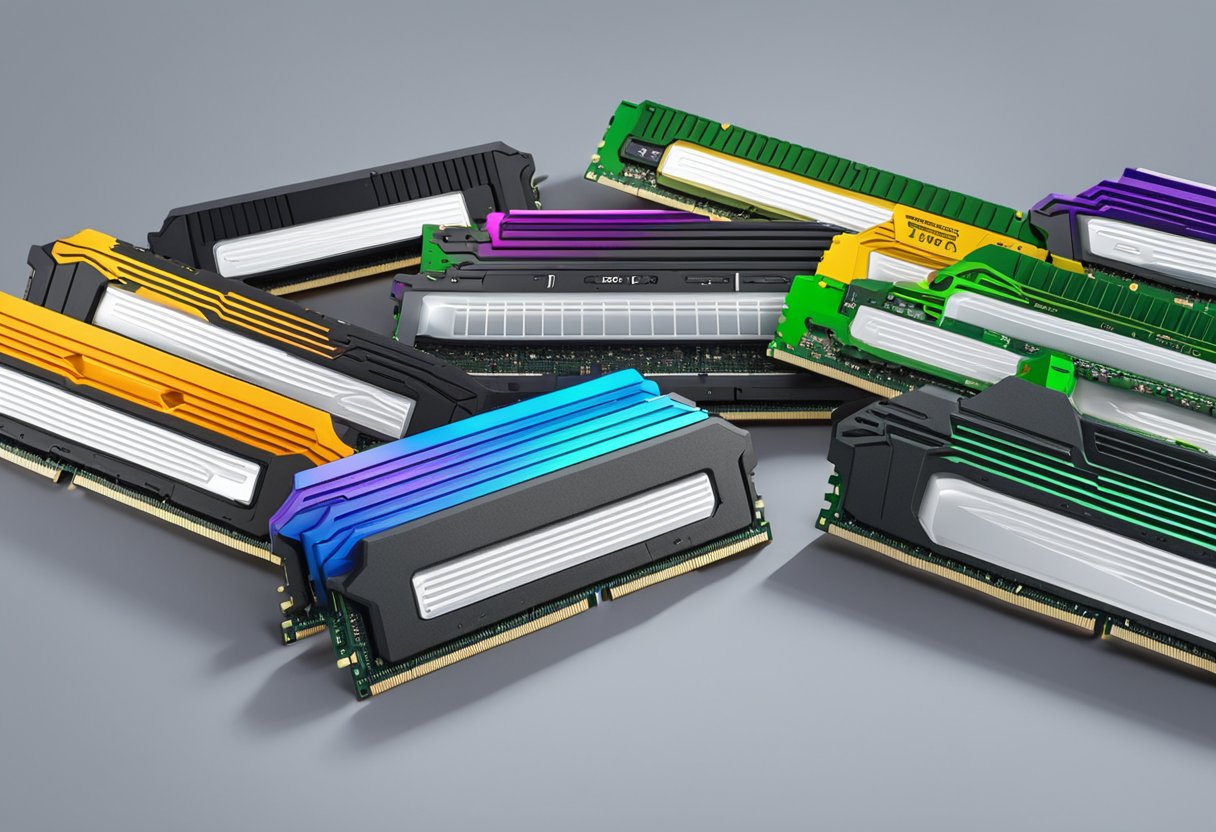 Different RAM types (DDR, DDR2, DDR3, DDR4) with varying specifications (speed, size, voltage) lined up on a table