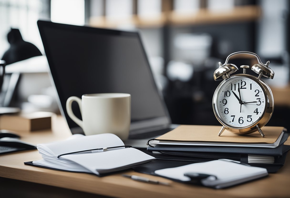A cluttered desk with a laptop, notebook, and coffee mug. A clock on the wall reads 9:00 am. Papers are organized neatly in a file holder