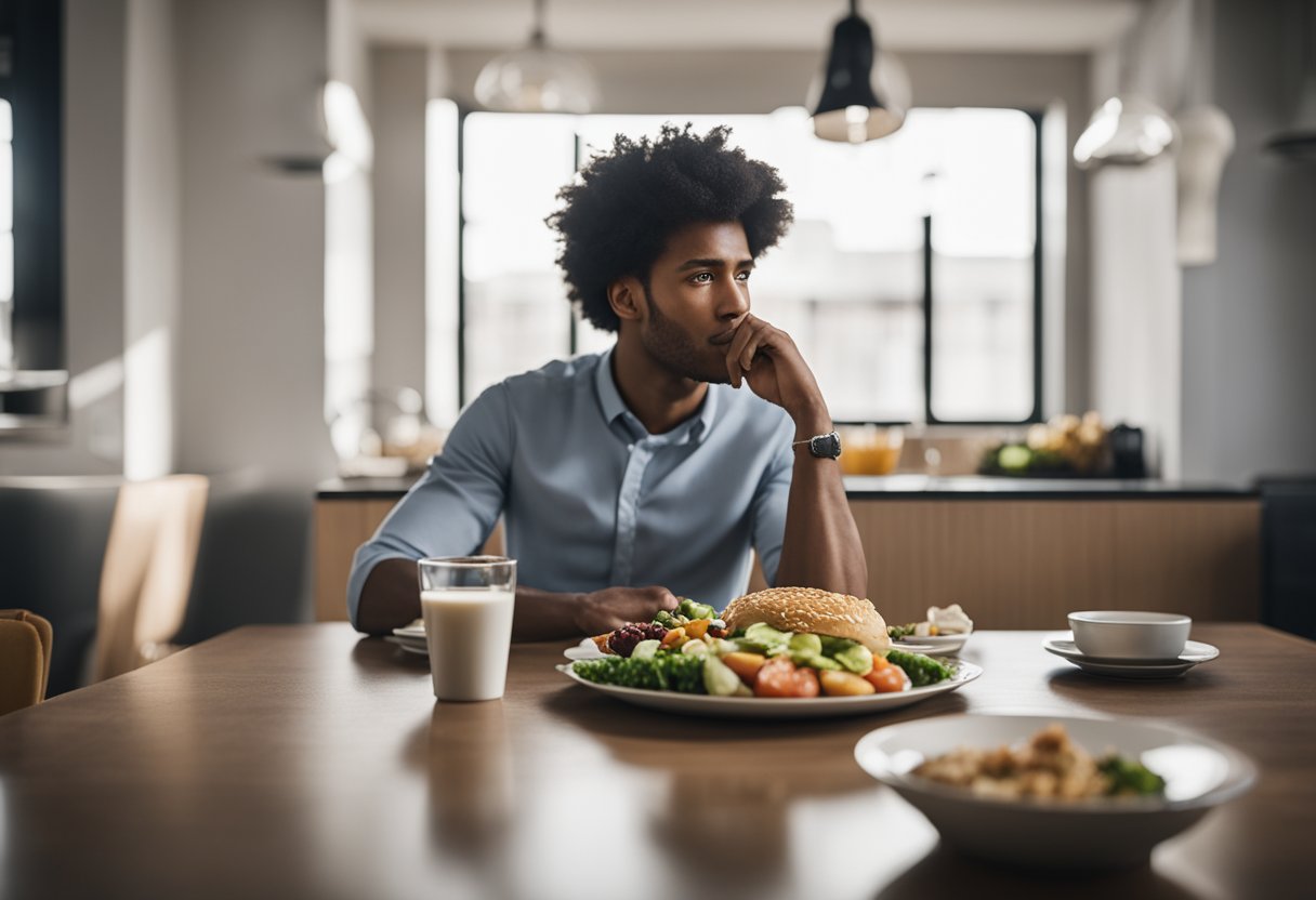 Mental hunger vs physical hunger: A person sitting at a table with a plate of healthy food and a plate of unhealthy food, contemplating their choices. A thought bubble above their head shows the difference between mental and physical hunger