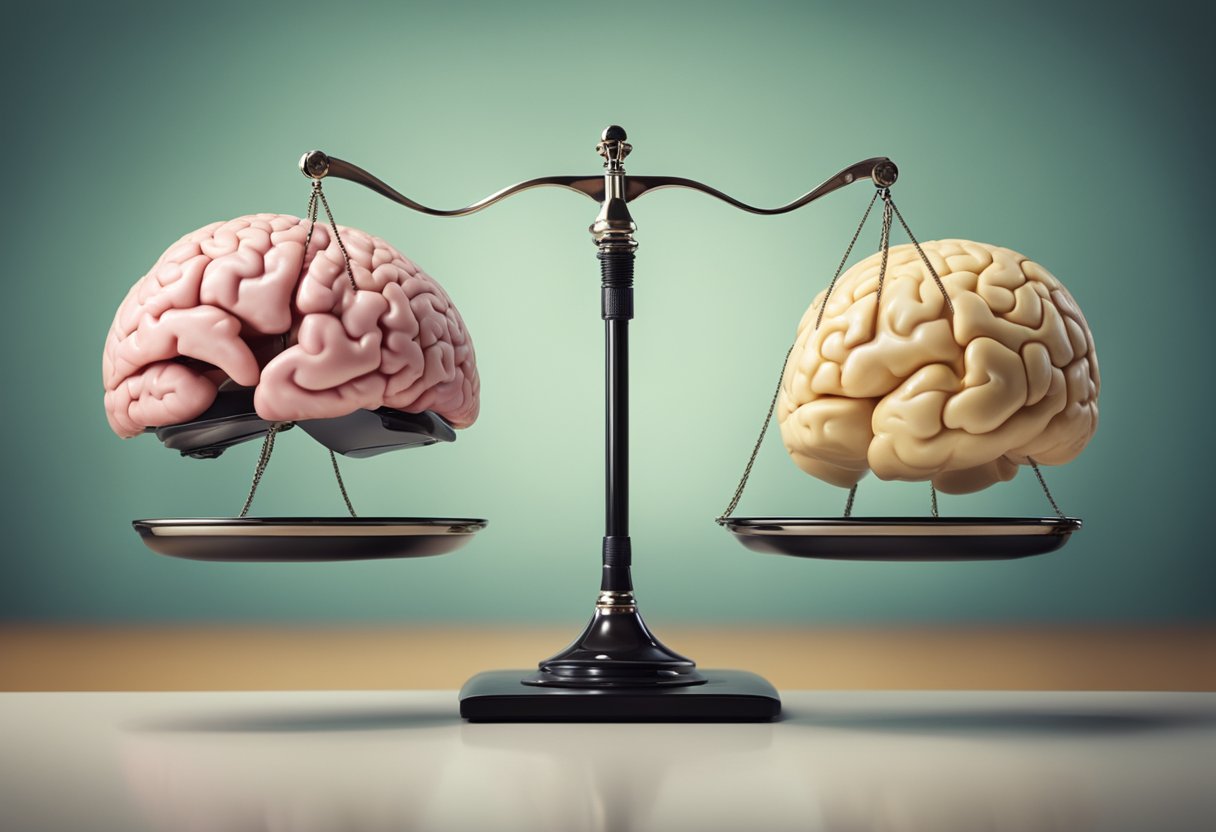 Mental hunger vs physical hunger: A scale tipping with a brain on one side and a stomach on the other, symbolizing mental hunger vs physical hunger