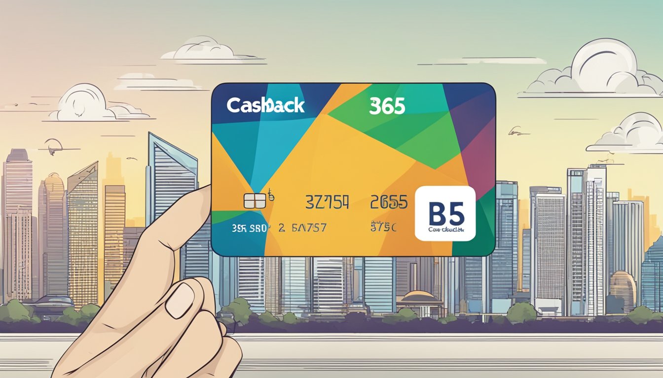 A hand holding a credit card with "365 cashback" text, against a Singapore city skyline