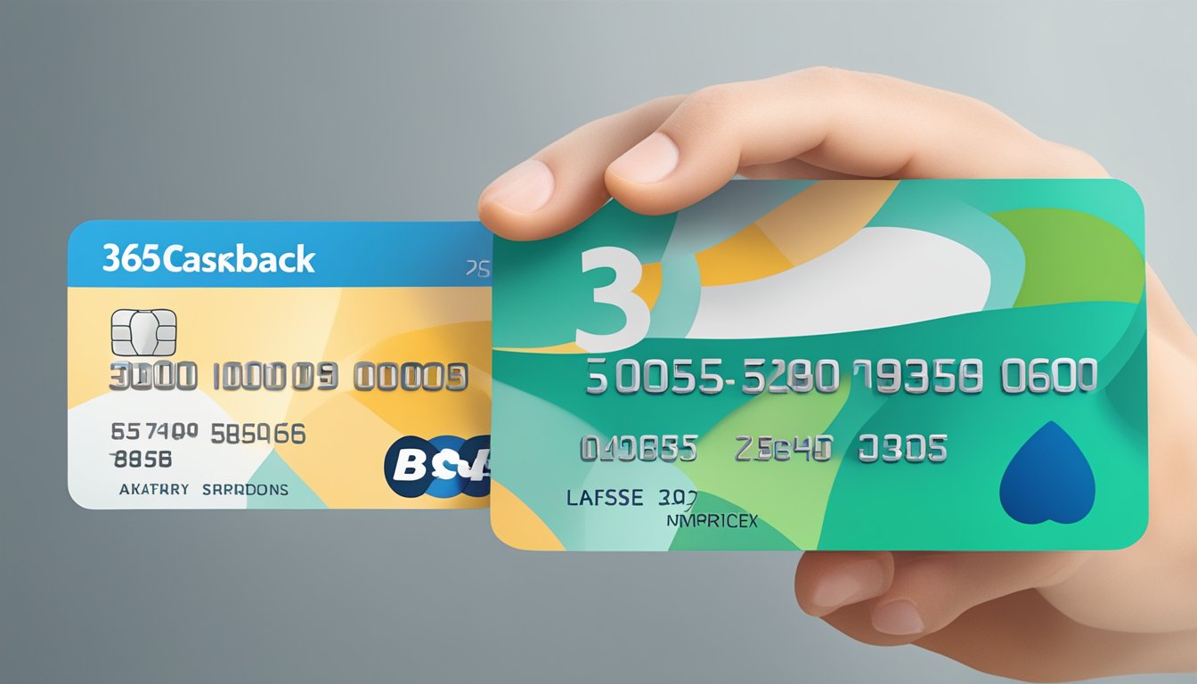 A hand holding a 365 Cashback Card with various benefits listed in the background