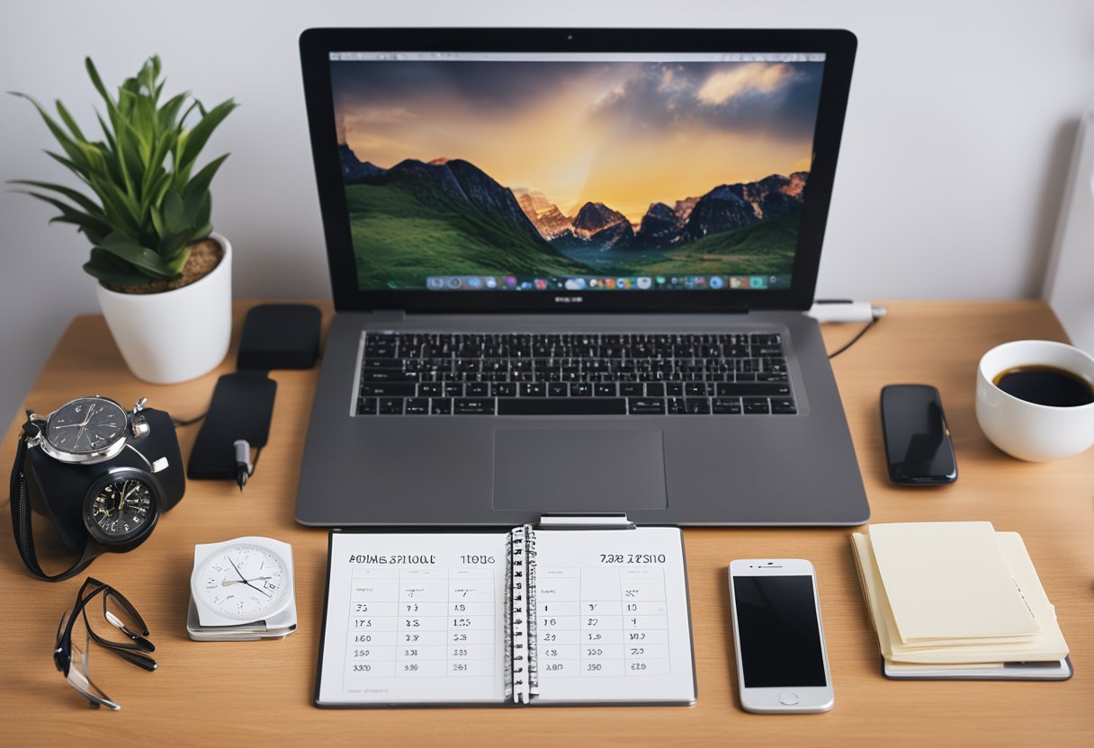 A desk cluttered with a laptop, smartphone, and various office supplies. A clock on the wall shows the time. A calendar and to-do list sit nearby