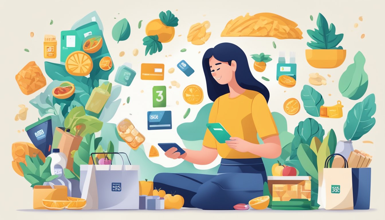 A person swiping a credit card with "365 Cashback" logo, surrounded by everyday items like groceries, gas, and dining receipts
