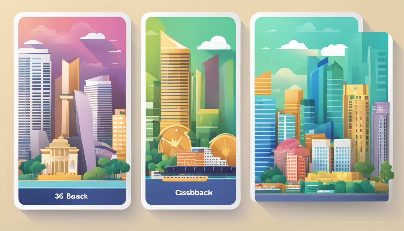 A stack of FAQ cards with "365 cashback" logo, set against a Singapore skyline backdrop