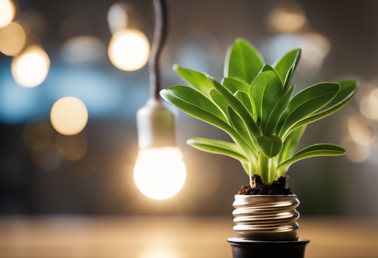 A bright light bulb shining over a growing plant, symbolizing personal growth and mindset efficiency for UK entrepreneurs
