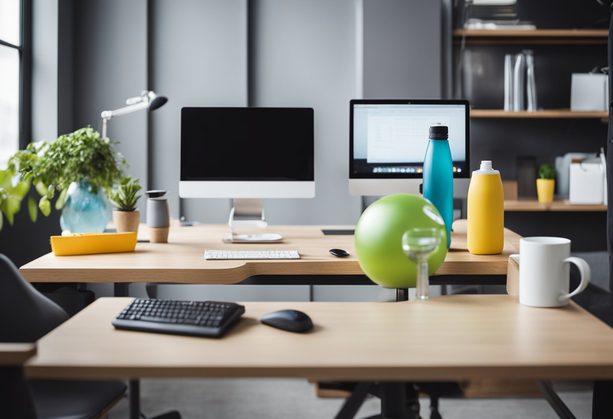 A bright, organized workspace with ergonomic furniture and natural lighting. A standing desk with a balance ball chair. A water bottle and healthy snacks on the desk